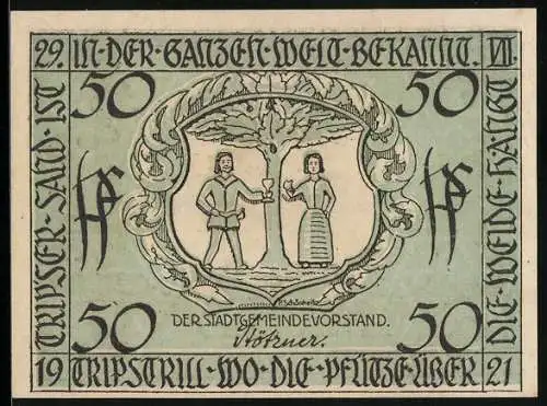 Notgeld Triptis 1921, 50 Pfennig, Feldpartie mit Blick zur Kirche