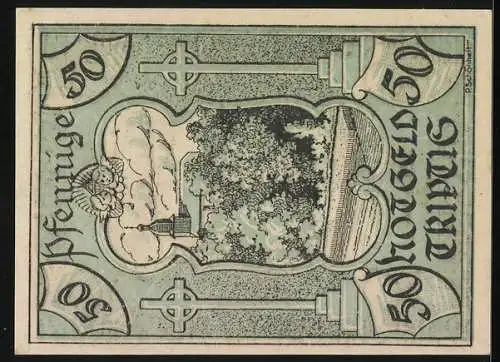 Notgeld Triptis 1921, 50 Pfennig, Feldpartie mit Blick zur Kirche