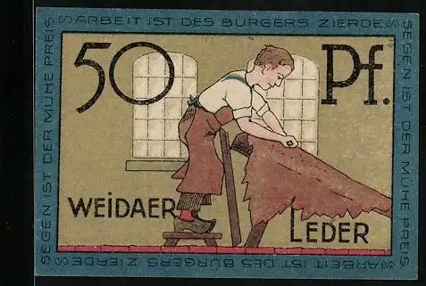 Notgeld Weida /Th., 50 Pfennig, Mann bearbeitet Leder