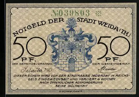 Notgeld Weida /Th., 50 Pfennig, Mann walkt Leder