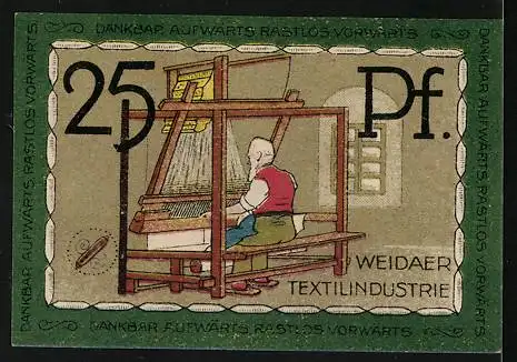 Notgeld Weida /Th., 25 Pfennig, alter Mann am Webstuhl