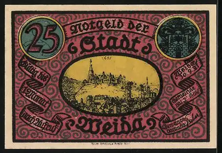 Notgeld Weida /Th., 25 Pfennig, Quäker Speisung, Ortsansicht 1635