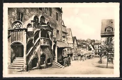 AK Pössneck, Rathaus-Treppe, Blick in die Krautgasse