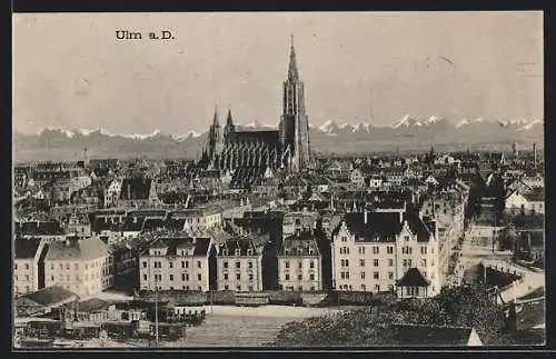 AK Ulm a. D., Ortsansicht mit Münster und Bergpanorama