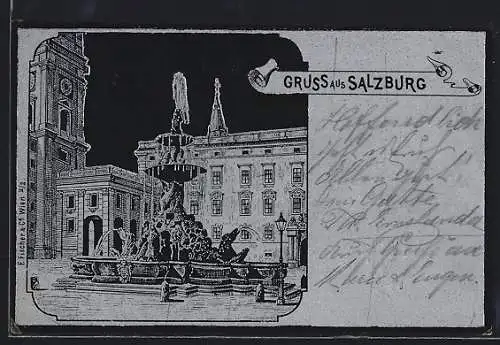 Lithographie Salzburg, Platz mit Brunnen