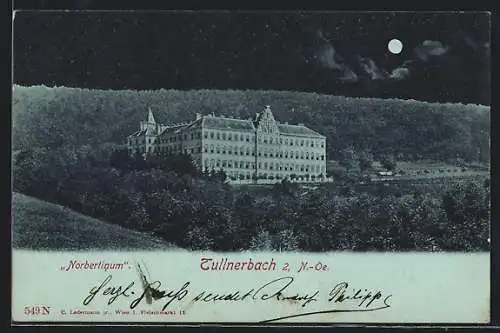Mondschein-AK Tullnerbach, Norbertinum mit Wald