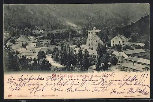 AK Weissenbach a. d. Triesting, Teilansicht mit Kirche und bergiger Landschaft