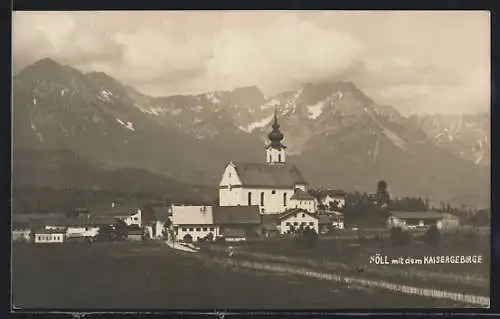 AK Söll, Kirche mit dem Kaisergebirge