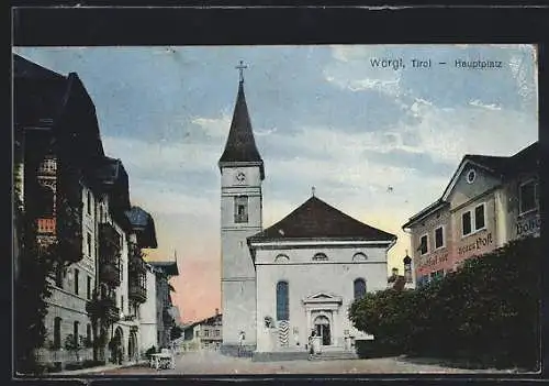 AK Wörgl /Tirol, Hauptplatz mit Gasthof zur Post und Kirche