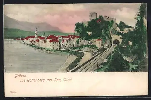 AK Rattenberg am Inn /Tirol, Uferpartie mit Ruine