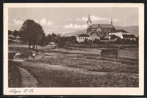 AK Aigen /O.-Oe., Ortspartie mit Kirche