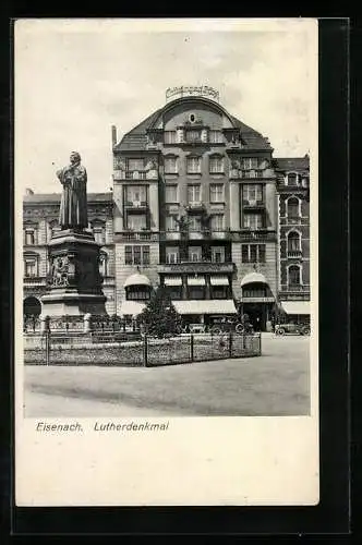 AK Eisenach, Lutherdenkmal vor Hotel Thüringer Hof