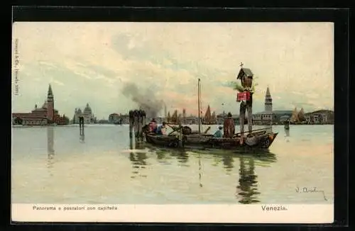 Künstler-AK Venezia, Panorama e pescatori con capitello