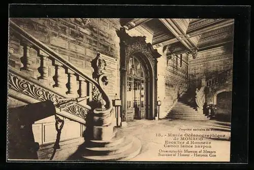 AK Monaco, Musée Océanographique, Escalier d`Honneur, Canon lance harpon