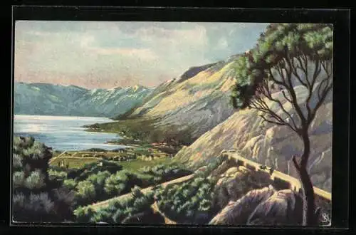 Künstler-AK Boka Kotorska, Ortsansicht im Bergseepanorama