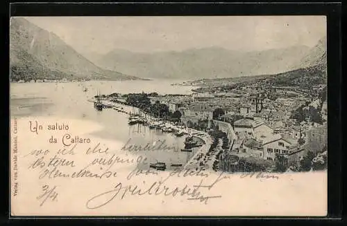 AK Cattaro, Die Küstenstadt aus der Vogelschau