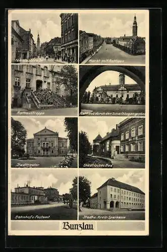 AK Bunzlau, Städtisches Bad, Nikolaistrasse, Bahnhof und Post, Stadttheater