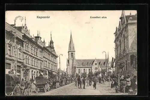 AK Kaposvár, Erzsébet utca, Pferdekutschen