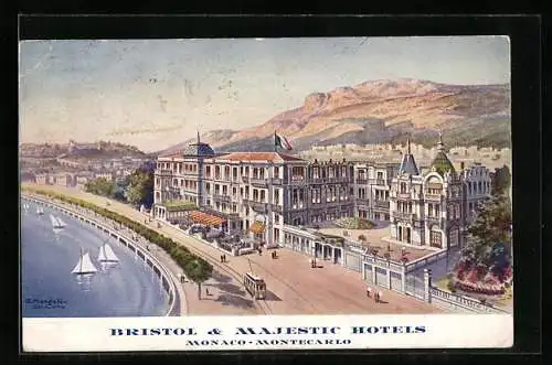 Künstler-AK Monaco-Montecarlo, Bristol & Majestic Hotels