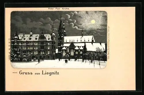 Mondschein-Lithographie Liegnitz, Peter-Paul Kirche im Winter