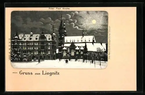Mondschein-Lithographie Liegnitz, Ansicht der Peter-Paul Kirche