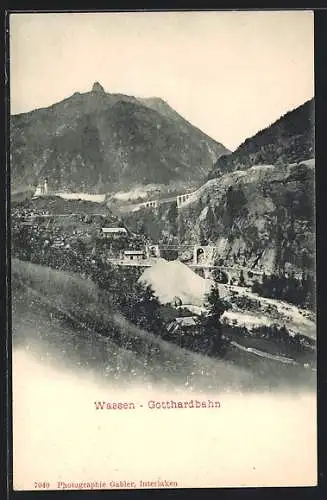 AK Wassen, Ortsansicht mit Gotthardbahn