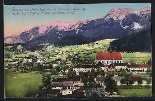 AK Neuberg a. d. Mürz, Ortsansicht mit Schneealpe, K. K. Jagdschloss u. Stiftskirche