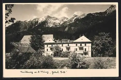 AK Neuberg a. d. Mürz, Hotel Post mit Schneealpe