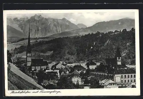 AK Bischofshofen, Teilansicht mit Kirche und Tennengebirge