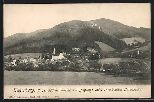 AK Thernberg, Panorama mit Burgruine und 1774 erbautem Neuschlosse
