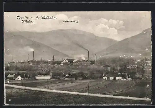 AK Ternitz a. d. Südbahn, Ortspartie mit G`fieder und Schneeberg