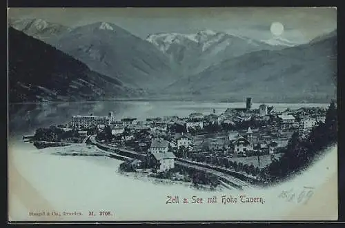 Mondschein-AK Zell am See, Ortsansicht mit Hohe Tauern