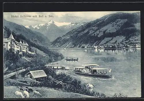 AK Zell am See, Hotel Bellevue mit See, Dampfer