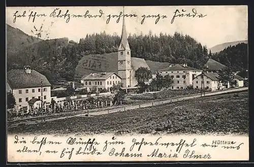 AK Hüttau, Ortsansicht mit Kirche & Friedhof