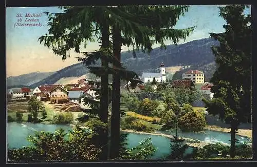 AK St. Michael ob Leoben, Blick übers Wasser auf die Ortschaft
