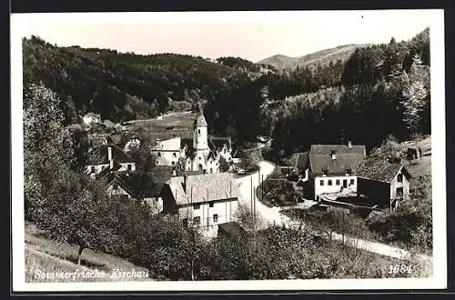 AK Warth /N.-Oe., Kirchau, Ortspartie mit Kirche und Strasse