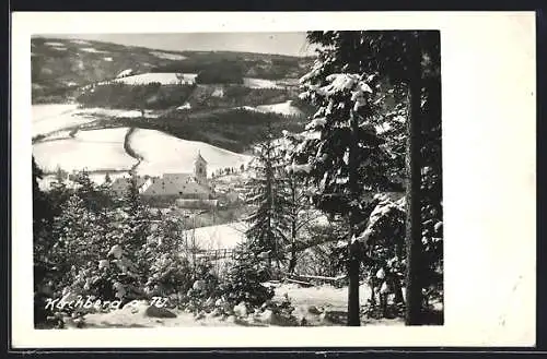 AK Kirchberg a. W., Panorama mit Kloster im Winter