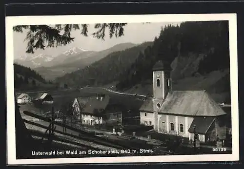 AK Wald am Schoberpass, Unterwald, Kirche mit Bergpanorama