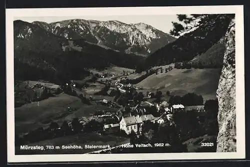 AK Mürzsteg /Stmk., Ortsansicht mit Hohe Veitsch