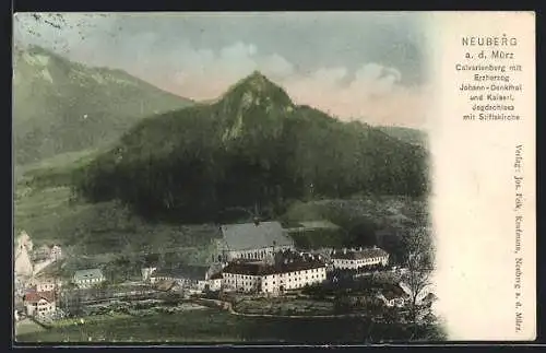 AK Neuberg a. d. Mürz, Calvarienberg mit Erzherzog Johann-Denkmal und Kaiserl. Jagdschloss