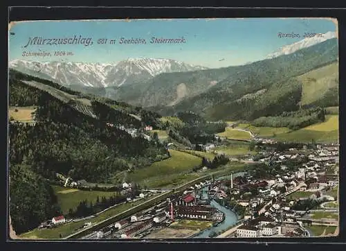 AK Mürzzuschlag, Ortsansicht mit Blick auf Schneealpe und Raxalpe