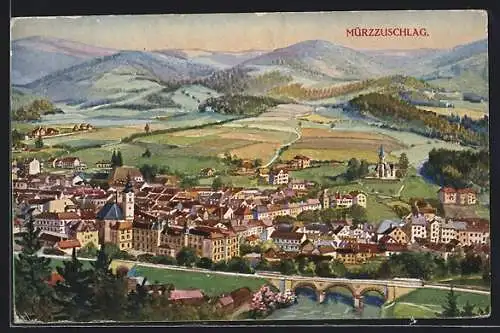 Künstler-AK Mürzzuschlag, Ortsansicht mit Gebirgspanorama