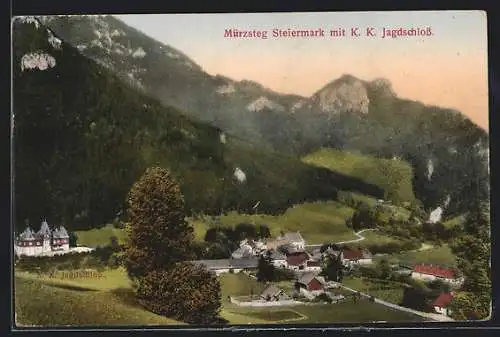 AK Mürzsteg, Ortsansicht mit K. K. Jagdschloss