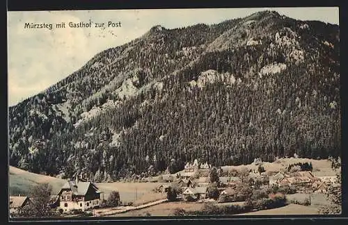 AK Mürzsteg, Gasthof zu Post vor Berghintergrund