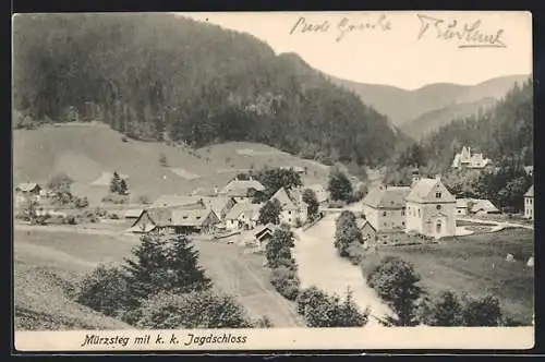 AK Mürzsteg, Teilansicht mit Jagdschloss