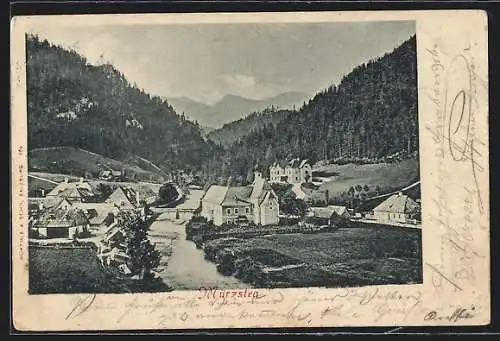 AK Mürzsteg, Ortsansicht mit Fluss und Brücke
