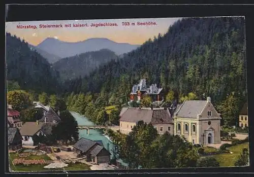 AK Mürzsteg /Steiermark, kaiserliches Jagschloss mit Fluss