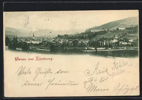 AK Kindberg, Ortspanorama mit Gebirgshintergrund