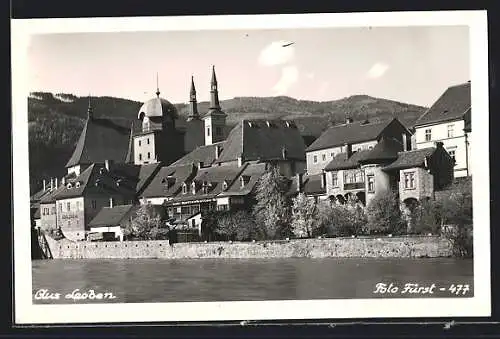 AK Leoben, Teilansicht mit Fluss und Kirche