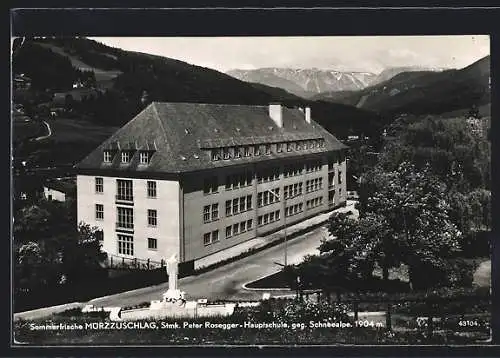 AK Mürzzuschlag /Stmk., Peter Rosegger-Hauptschule geg. Schneealpe